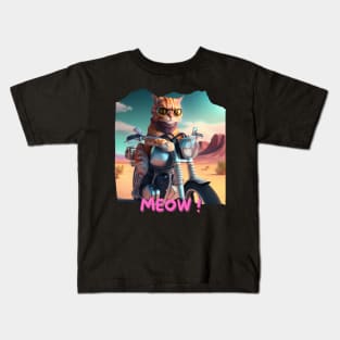 Cool cat on motorbike in desert 2 Kids T-Shirt